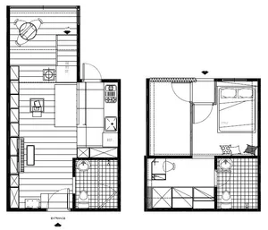 Modern architectural floor plan with living space, bedroom, bathroom, and kitchen.