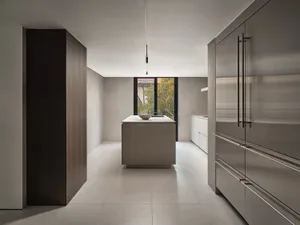 Contemporary kitchen with concrete countertop and minimalist island.