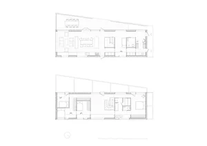 A floor plan of a modern apartment showing various rooms and functional areas.