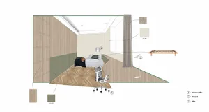 A detailed floor plan of a modern bedroom featuring wooden flooring, a bed, and various furniture items.