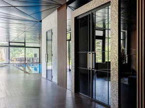 Modern indoor swimming pool entry featuring glass doors and sleek design.