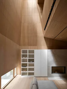 A modern living room interior with wooden walls, ceiling, and floor, featuring a minimalist shelf system and a sleek fireplac