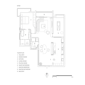 黑白細緻建築圖，展示現代住宅空間，附有房間標示與尺寸標註。