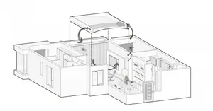 A rendered illustration of a modern residential interior showing the layout and design elements.