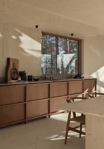 A modern residential interior featuring wood elements and a large window overlooking a forest.