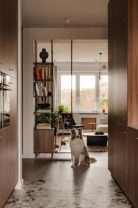 A modern living room with concrete flooring and minimalist design elements.