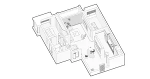 A detailed floor plan of a modern residential flat, including rooms and furniture layout.