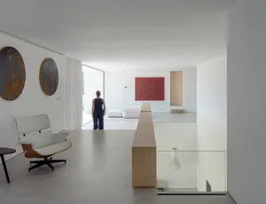 Modern interior design with white concrete and glass materials