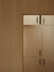 A modern interior space showcasing a wooden closet with sleek, minimalist handles.