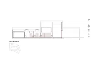 A detailed architectural floor plan of a minimalist modern living room.