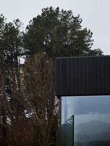 A sleek, modern residential building with a blackwood exterior and large glass windows.