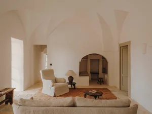 A minimalist living room featuring a sofa, chair, rug, and lamp.
