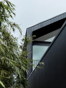 現代住宅擁有黑色木質外牆與大型玻璃窗。