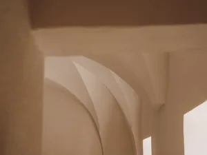 Modern interior with concrete columns and arches