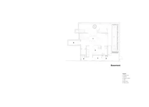 Floor plan of a basement with various functional zones like dining area, kitchen, helper's room, yard, bathroom, and store ro