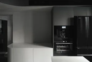 A modern kitchen space featuring black and white color scheme.