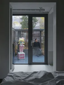 Modern home interior featuring a black-framed glass door with a toy on the balcony.