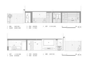 Two-dimensional drawing of a minimalist house interior showing rooms such as living room, bedroom, kitchen, and courtyard.