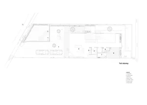 First floor plan with car porch, living room, wet bar, store room, powder room, guest room, and guest bath.