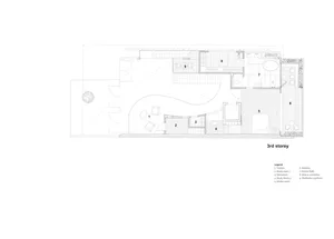 3rd story floor plan showing various rooms and areas such as balcony, study room, master bathroom, and meditation platform.