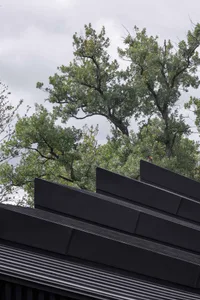 A modern building with a black metal roof and surrounding green foliage under a cloudy sky.