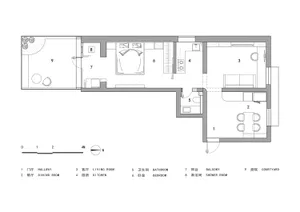 Modern minimalist floor plan depicting a compact living space with a hallway, dining room, kitchen, living room, bedroom, and