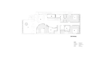 Second floor layout of a modern residential building with bedrooms, bathrooms, and a storage room.