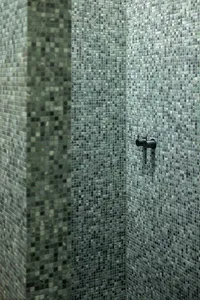 Shower encased in green mosaic tiles with modern fixtures