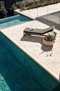 A sunbed and a potted plant near a swimming pool with a stone deck.