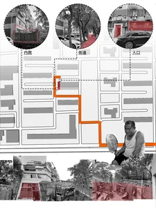 都市街道場景圖解，包含建築物、汽車與行人。