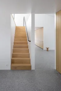 Modern interior design featuring wooden stairs and concrete flooring.
