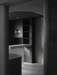 Modern minimalist kitchen with concrete finishes.