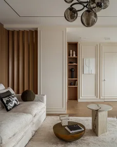 Modern, minimalist living room featuring wood paneling, a white sofa, and a coffee table with books and decorative items.