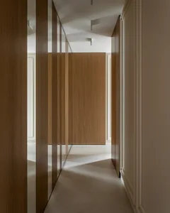 Modern minimalist entryway with wooden panels and glass elements.