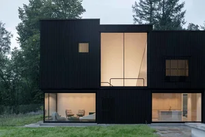 Modern house with black wooden cladding and large windows