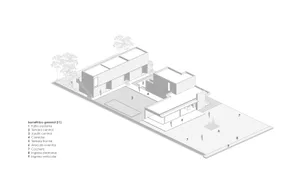 An isometric architectural plan of a modern house with concrete, glass, and steel materials.