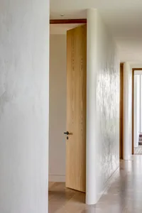 A minimalist interior featuring a wooden door.