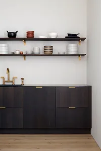 A minimalist modern kitchen featuring dark wooden cabinets and brass fittings.