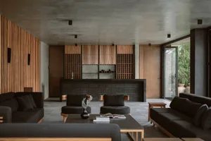 A minimalist residential interior featuring concrete, wood, and glass materials.