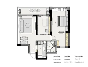 2-dimensional architectural drawing of a modern apartment layout