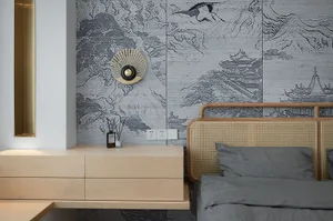 A modern minimalist bedroom with a wooden bed and a textured wall pattern featuring mountainous and architectural elements.