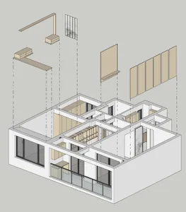 2D technical drawing of a modern interior design featuring concrete walls and floors.