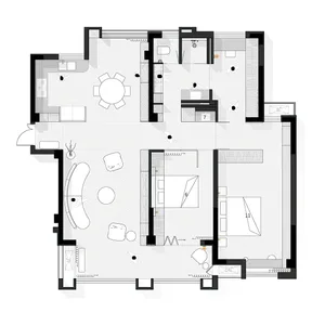 Floor plan of a modern home featuring an integrated open space layout with kitchen, dining, and living areas.