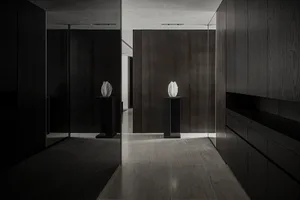 A minimalist entryway featuring dark wood and leather materials.