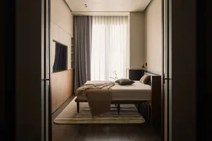 Minimalist bedroom featuring neutral-toned bed, brown floor, and large windows with sheer curtains.