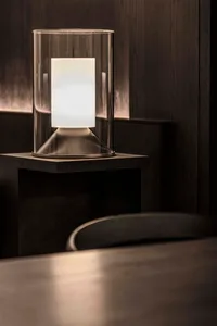 A minimalist table lamp featuring a white frosted glass shade enclosed in a transparent glass cylinder.