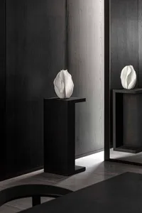 Modern interior design with ceramic vases and a black wooden shelf.
