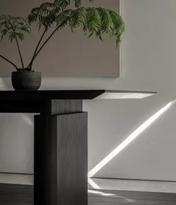 Modern interior design featuring a wooden console table with built-in lighting and a potted plant.