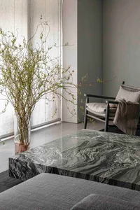 A modern living space featuring a sleek marble coffee table adorned with a vase of greenery and a comfortable upholstered cha
