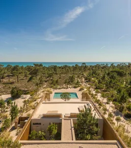 A modern vacation home with a pool surrounded by nature.